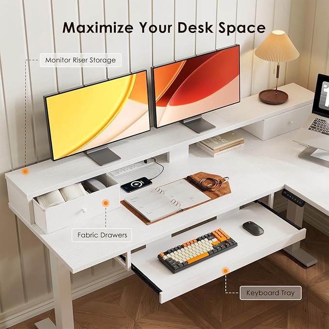 OffiGo 59 Inch L Shaped Electric Standing Desk with Drawers, White | Monitor Stand, Keyboard Tray, Fabric Drawer, Power Outlets, Height Adjustable Corner Stand Up Desk for Organized Home Office