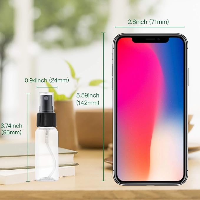 LISAPACK 1oz Small Plastic Spray Bottle (12 Pack) Empty Mini Fine Mist Travel Size Atomizer, Tiny Sprayer for Little Perfume, Water, Cologne, Alcohol, Samples (Clear, 30ml)