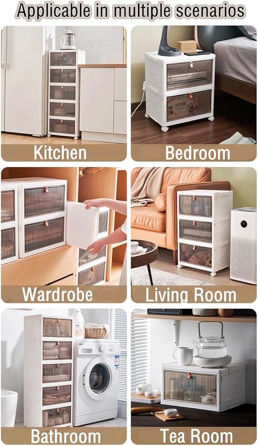 Foldable Storage Bins Boxes with Lid Wheels and Magnetic Door, Collapsible Stackable ABS Organizer for Kitchen Cloakroom Closet Living Room & Office(5 Tier)