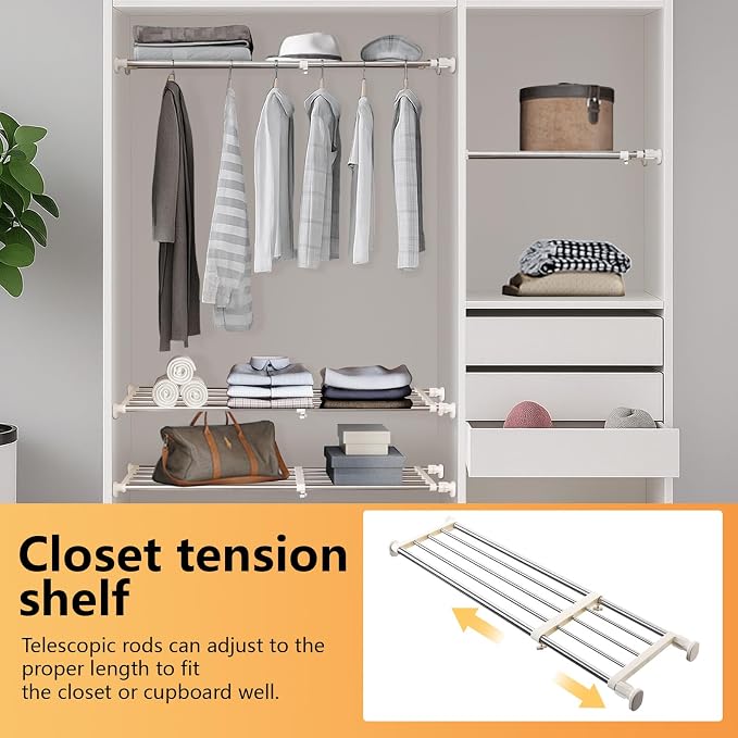 BAOYOUNI Adjustable Closet Tension Shelf Rod Expandable | Clothes Hanging Rail Pole Dividers Wardrobe Space Saving Storage Organizer Ivory, 46.85-75 Inches