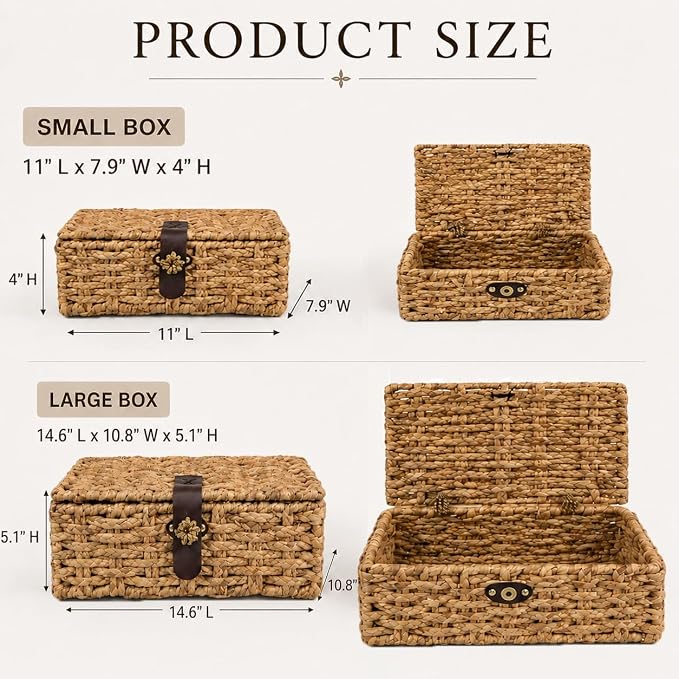 Set of 2 Decorative Box,Woven Storage Baskets with Lid, Water Hyacinth Decorative Boxes for Home Decor, Coffee Table,Entry Table,Mantle,Shelf