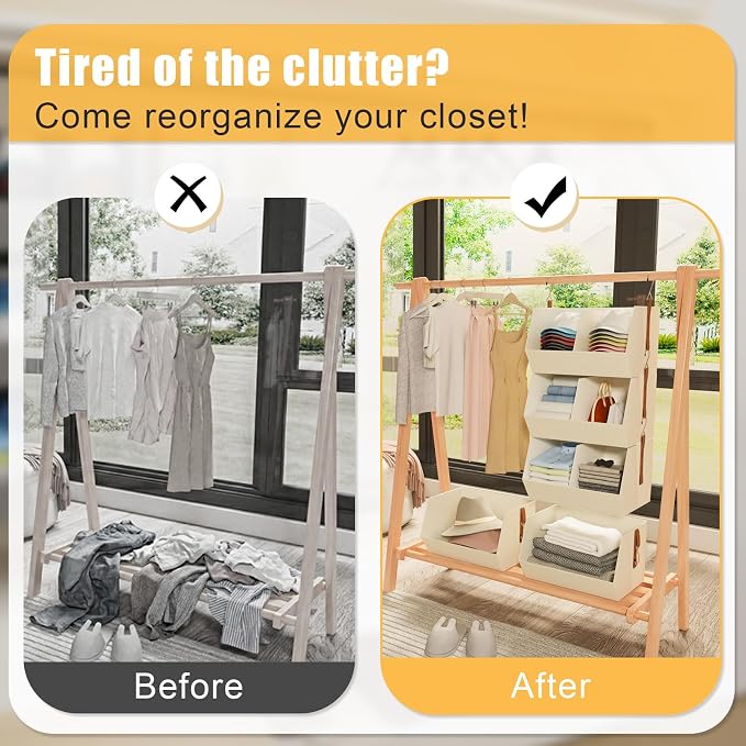 3-Tier Hanging Closet Organizer, Extra Large Fabric Closet Shelves with Zipper, Foldable Closet Storage Organizer for Clothes, Handbags, Socks, Underwear, Dorm Room and RV, Beige - 2 Pack