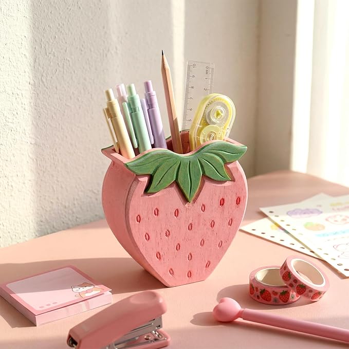 Mifoci Strawberry Pencil Holder Cute Pen Holder for Desk Organizer Wooden Pencil Cup Pink Berry Aesthetic Makeup Brush Storage, Back to School and End of Year Gift