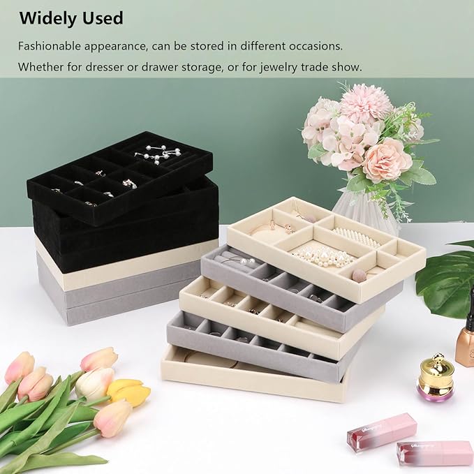 Stackable Jewelry Organizer Trays for Drawer, Set of 4 Velvet Jewelry Drawer Inserts in Dresser, 8in Storage Display Case for Rings Stud Necklaces Accessories(Grey)