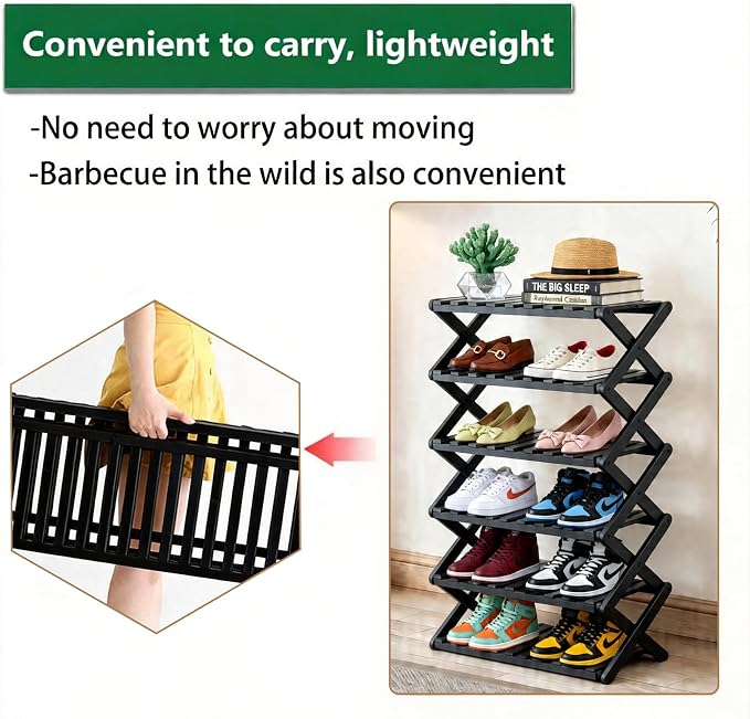 6 Tier Bamboo Shoe Rack Black,Portable Folding Shoe Storage Rack,Without Installation Small Shoe Rack Perfect for Corridors, Drom, Bedrooms and Small Spaces