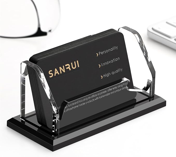 SANRUI Acrylic Business Card Holder, Black Business Cards Display Stand for Desk, Clear Horizontal 1 Slot Desktop Organizer, 60 Card Capacity