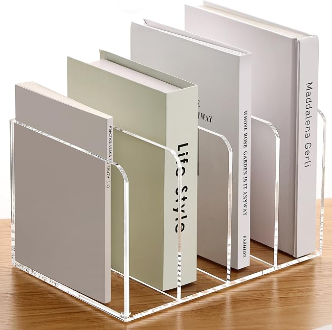 YUXUN Clear Acrylic Magazine File Holder, 4 Compartment Vertical Desk Organizer, 5mm Thick Document Sorter with Non-Slip Base, No Assembly for Office Home Classroom, Holds Binders, Books, Tablets