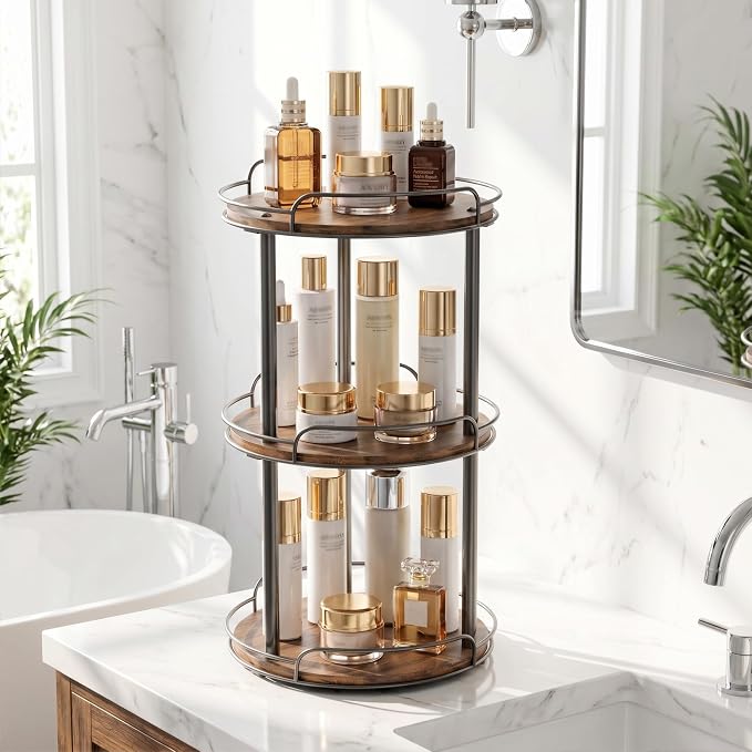 10'' Rotating Spice Rack, 3-Tier Lazy Susan Turntable Organizer | Wooden, for Cabinet, Table Top, Kitchen Countertop, Pantry, Bathroom, Vanity, Home Decor
