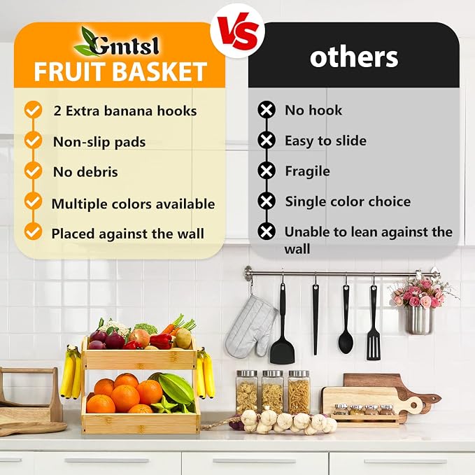Gmtsl Bamboo Fruit Basket for Kitchen, Fruit Holder for Kitchen Countertop | 2 Tier Fruit bowl for Kitchen Counter, Fruit Stand, Vegetable Basket Storage, Produce Organizer, Bread Snack Display(BAMBOO)