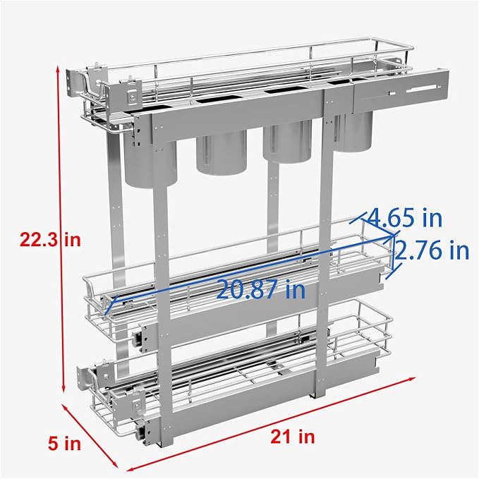 Sikarou 3-Tier 5" W x 21" D Narrow Pull Out Cabinet Organizer, Roll out Spice Rack Holder Shelve, Slide Out Slim Storage Wire Baskets for Storage Organization