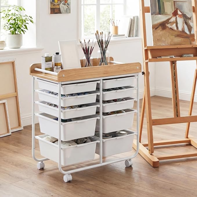 LDAILY Rolling Cart with Drawers, 10 Drawer Rolling Storage Cart with Wooden Tabletop, Metal Frame & Lockable Wheels, Craft Organizers and Storage for Home Office Classroom (White, 10 Drawer)