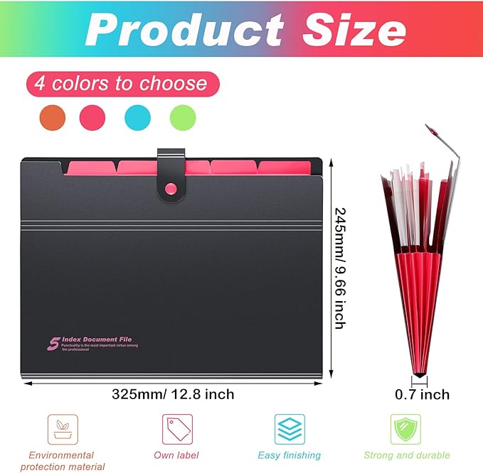 Epakh 8 Pack Expanding File Folder Organizer, 6 Pockets Expanding Folder with Labels, A4 Letter Size Document Organizer with Snap Button, Back to School Supplies for Students, Office, 4 Colors