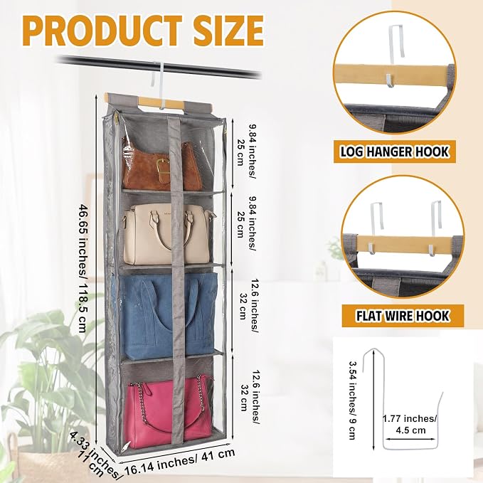 Silkfly 2 Pack Hanging Purse Organizer with Zipper for Closet Handbag Storage PVC Mesh Shelves with 4 Pockets for Bedroom Door Wardrobe Shelf Rack Space Saving(Brown)