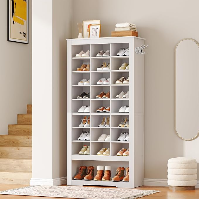 HOOBRO Tall Shoe Cabinet Set of 2, 9 Tier Shoe Storage Cabinet, Freestanding Wooden Shoe Organizer with 24 Cubbies and 3 Hooks, for Entryway, Closet, Living Room, White WT24SCP201