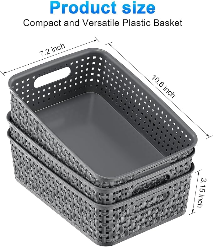 FUCDTEFC Black Plastic Basket, 8 Pack Home Organization and Storage Baskets with Handles, Space Saving Woven Organizer Bins Plastic Storage Basket for Organizing Cabinets,Closets, Shelves, Countertops | Space Saving, Woven Organizer, Plastic Bins, Stor...