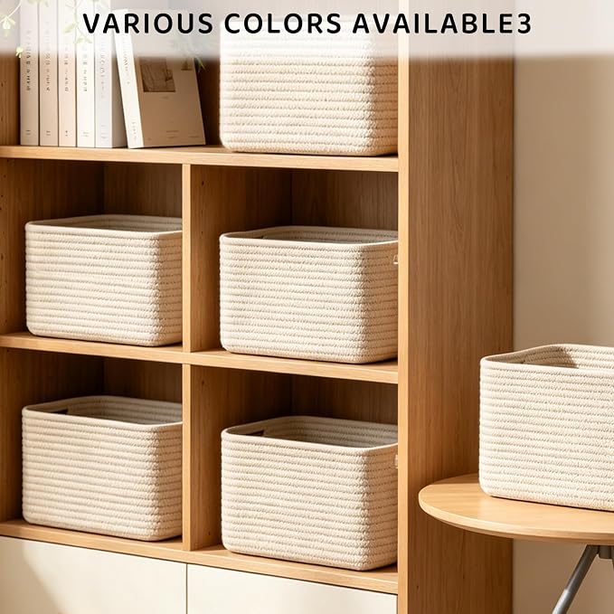 4 Pack Storage Baskets for Organizing, 11''Lx9''Wx8''H Woven Baskets for Storage Toys, Towels, Books, and Clothes, Cotton Rope Basket for Shelves with Handle White & Brown