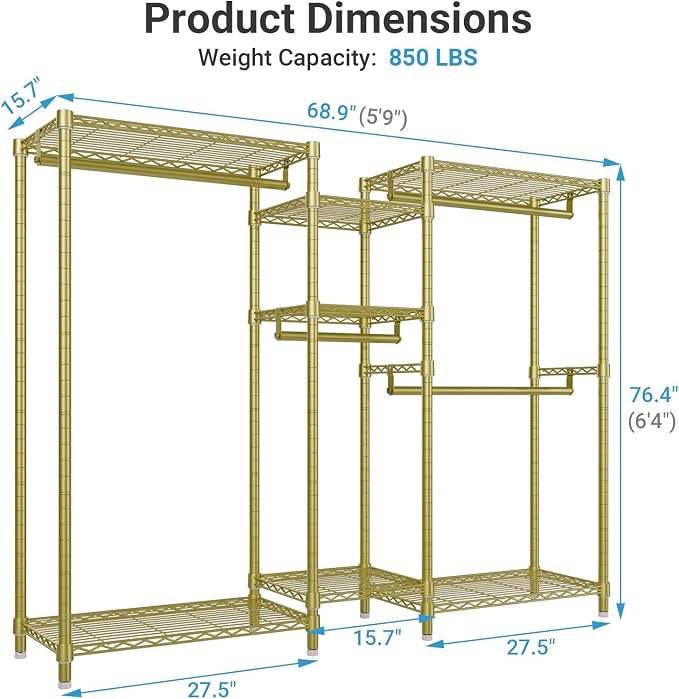 VIPEK Classic V6 Wire Garment Rack Heavy Duty Clothes Rack with 7 Adjustable Shelves & 4 Hanging Rods, Compact DIY Metal Clothing Racks 68.9" L x 15.7" W x 76.4" H, Max Load 840LBS, Gold