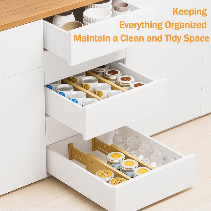 Bamboo Drawer Dividers, 4" High Drawer Organizers for Clothes/Utensils | 16.5-21.8" Expandable Wooden Drawer Separators for Dresser, Kitchen, Bathroom, Nursery, Office Organization & Storage, 6 Pack