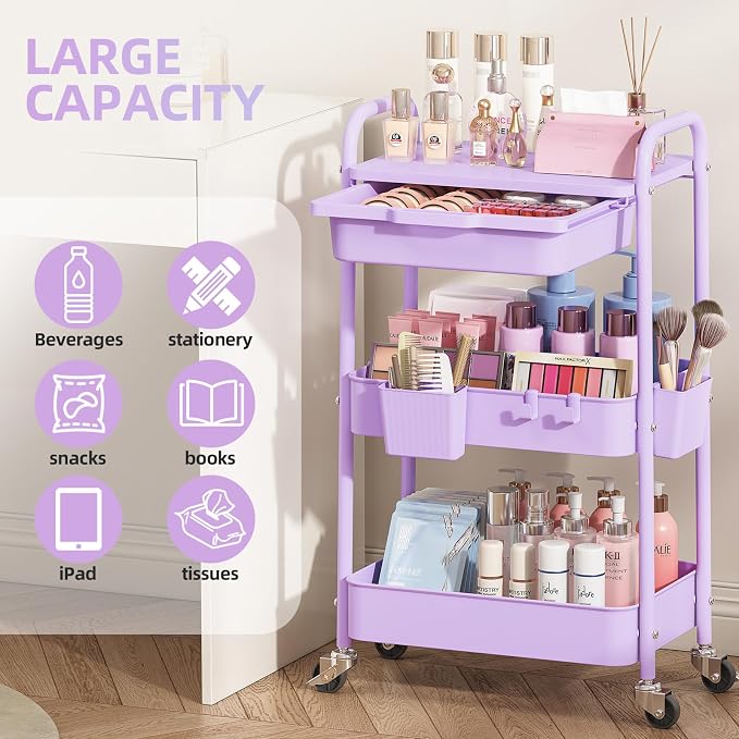 3 Tier Metal Rolling Utility Cart with Drawer & Lockable Wheels - Heavy Duty Multifunctional Storage Organizer with 2 Cups and 4 Hooks for Bathroom, Kitchen, Snack, Craft, Makeup, Baby Essentials