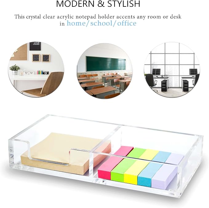 2in1 Clear Sticky Notes Holder Memo Dispenser Desk Organizer | Transparent acrylic material, Dual-slot separated storage, Smooth, scratch-resistant & durable,Stable base anti-slip