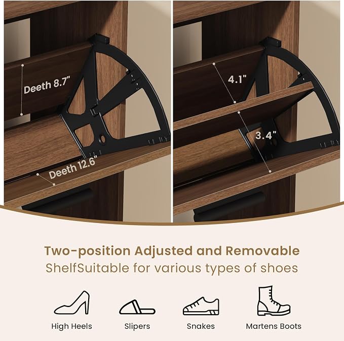 Shoe Cabinet Organizer with 3 Flip Drawers, Freestanding Shoe Storage Cabinet, Adjustable and Removable Dividers, 23.6"W x 8.7"D x 47.2"H Narrow Shoe Rack for Entryway, Foyer, Hallway, Walnut