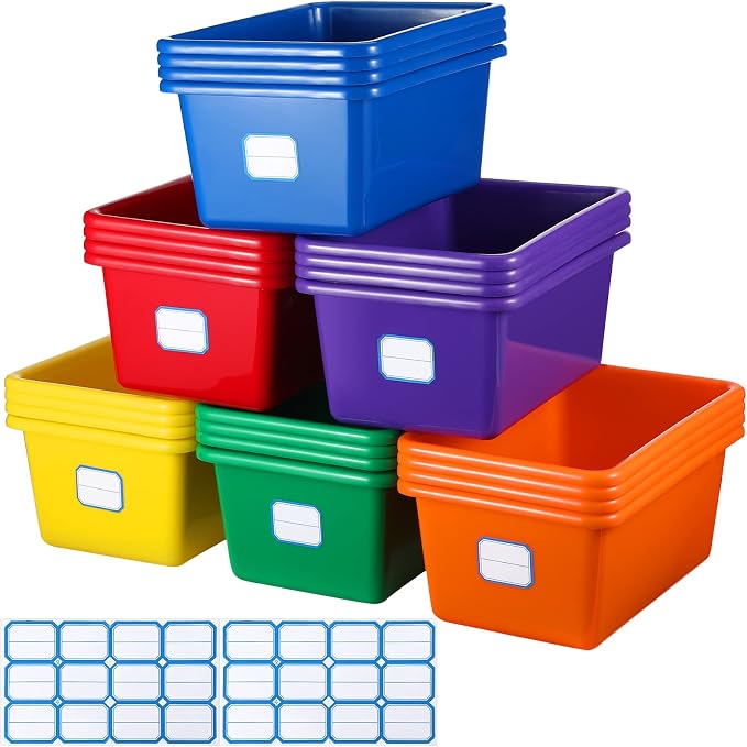 Hoolerry 24 Pack Classroom Cubby Storage Bins Plastic Stackable Storage Bins with Labels Cubby Organizer Containers for Classroom School Toy Book Organization(11.5 x 7.5 x 5 Inch,Colorful)