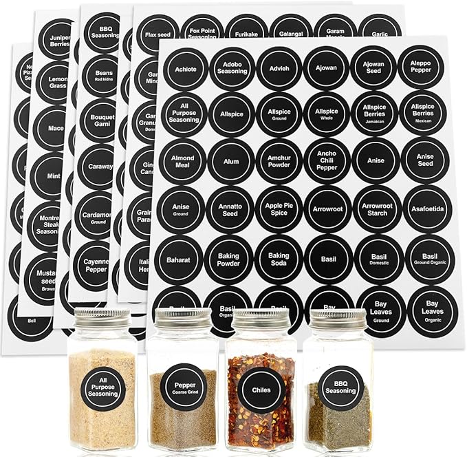 Spice Labels, 432Pcs Spice Labels Stickers 1.4in Waterproof Adhesive Round Preprinted Spice with Blank Label Black Tear Resistant Sticker for Kitchen Jars Caps Food Containers Spice Organizers