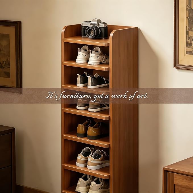 8 Tier Shoe Rack, Wood Tall Shoe Shelf for Closet Entryway | Vertical Shoe Storage Organizer, Space Saving Narrow Shoe Tower