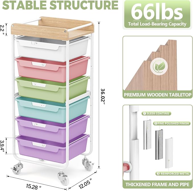 SYKIARIOL Rolling Cart with 6 Drawers, Utility Storage Cart with Labeling Ice Cream Color Drawer for Classroom, Kids Room, Dorm, School, Storage Study Arts Craft Sewing Supplies Organizers