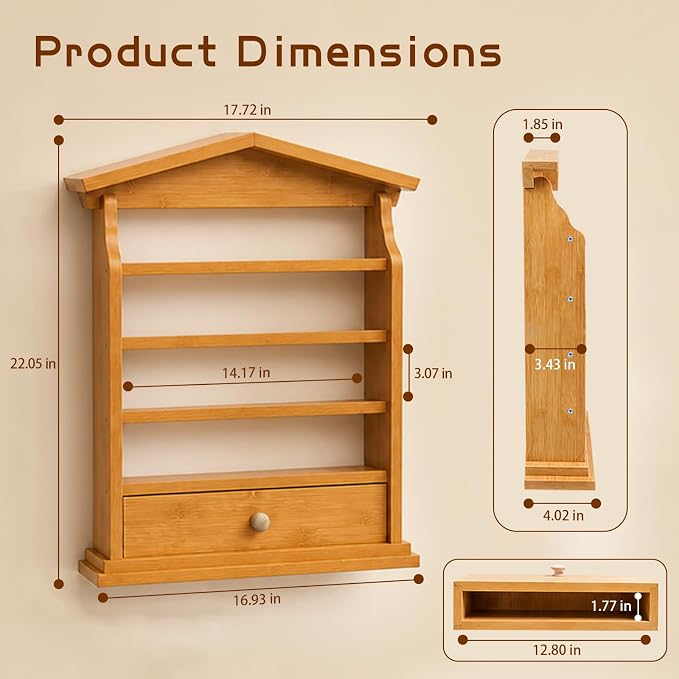 Natural Wood Spice Rack Wall Mount – 4-Tier Wooden Kitchen Organizer with Drawer, Holds 24 Small Spice Jars, Decorative Wall Display Shelf