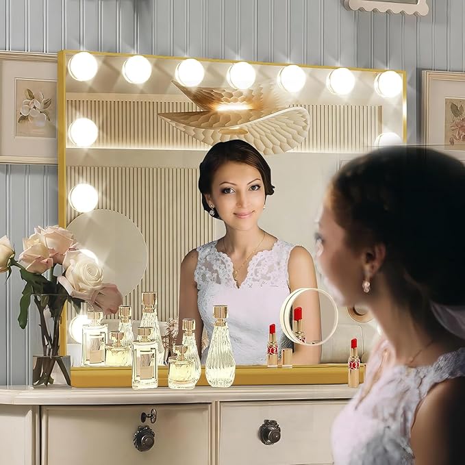 Ratsamee Gold Hollywood Vanity Mirror with Lights, 15 Dimmable Bulbs, 3 Color Lights,Make Up Lighted Mirror, Aluminum Metal Frame, USB Charging Port（23" x 18"）