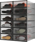 12-Piece Boot and Shoe Storage Box, Stackable Clear Plastic Shoe Box, Space-Saving Shoe Organizer for Boots, Sneakers, and High Heels, Black