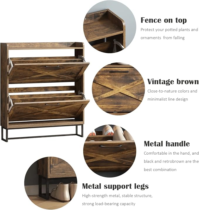 Maupvit Shoe Storage Cabinet with 2 Flip Drawers, Freestanding Shoe Organizer with Metal Legs for Entryway, Narrow Shoe Rack Cabinet, Rustic Brown