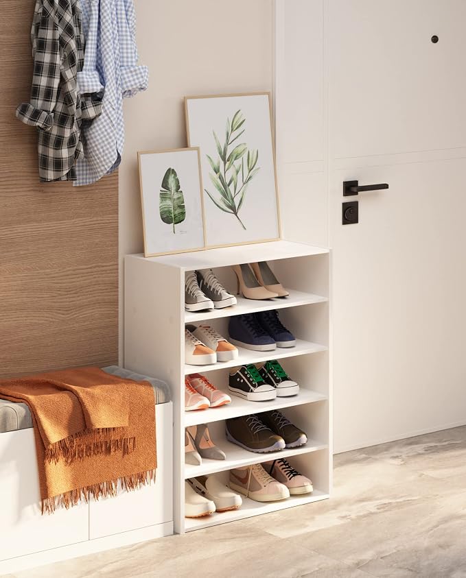 HAIOOU 5 Tier White Shoe Rack with One Movable Storage Shelf, 24 Inches | Stackable Wooden Shoe Organizer Freestanding shoe stand, Holds 10-15 Pairs, Fits Entryways, Closets, Dorms, Apartments