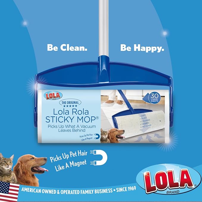 LOLA Rola PET Hair Remover Sticky Mop, Giant Floor Lint Roller, 9.5" x 3.5", Aluminum Handle, Largest Head, Traps Hair, Dust, Dirt, Extra Sticky Sheets