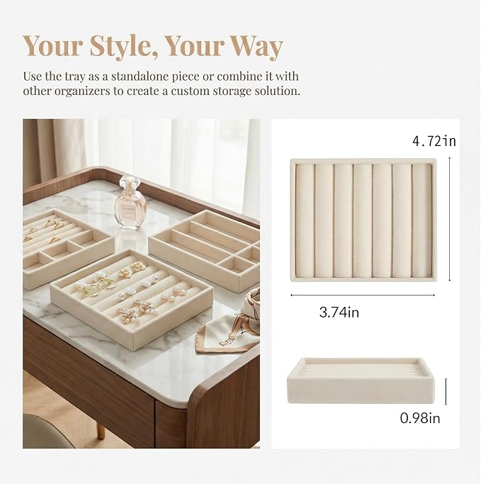 Ring Tray for Jewelry Storage Small Velvet Organizer Box with Inserts Dividers and Slots Mini Jewelry Display Trays with Earring Holder Insert Stackable Trays for Rings and Accessories