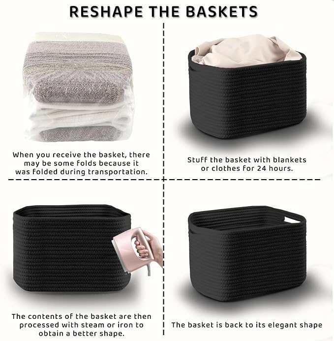 4 Pack Storage Baskets for Organizing, 11''Lx9''Wx8''H Woven Baskets for Storage Toys, Towels, Books, and Clothes, Cotton Rope Basket for Shelves with Handle White & Brown