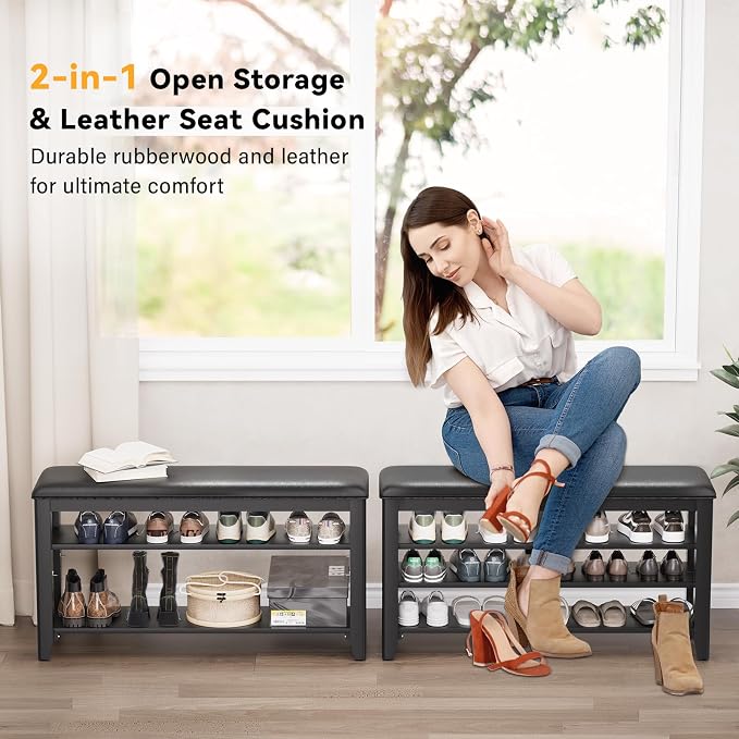 Taitiy Entryway Shoe Storage Bench, Shoe Organizer Bench for Entryway, Ideal for Hallways Front Doors Entrances Mudrooms Featuring Rubberwood and 3 Height-Adjustable & Removable Shelve