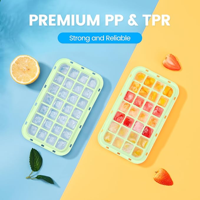 0.8“ Ice Cube Tray with Lid and Bin, PHINOX 56 Cubes Ice Trays for Freezer, Ice Cube Trays for Freezer with 2 trays, Container, Lid & Ice Scoop, BPA Free, Green(28Cubes/Tier)