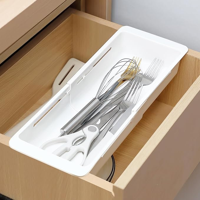 2 Pack Deep Drawer Organizer Adjustable Storage Bin(12.4-17.7") | Adjustable Width Design, Maximize Drawer Storage, Kitchen & Home Organization Solution