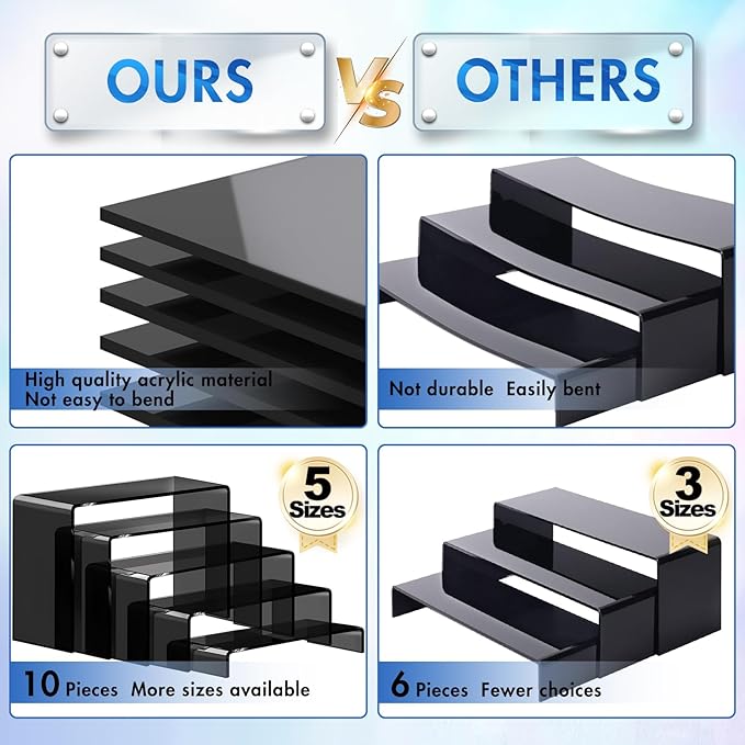 Aheroi Acrylic Risers Display Stands, Acrylic Stands for Display 10Pcs 2Set | Arylic Display Stands Shelf Riser, Black Display Stand Set for Decor,Cupcake Stands Buffet Food Display Set,(7"L~8"L~9"L)