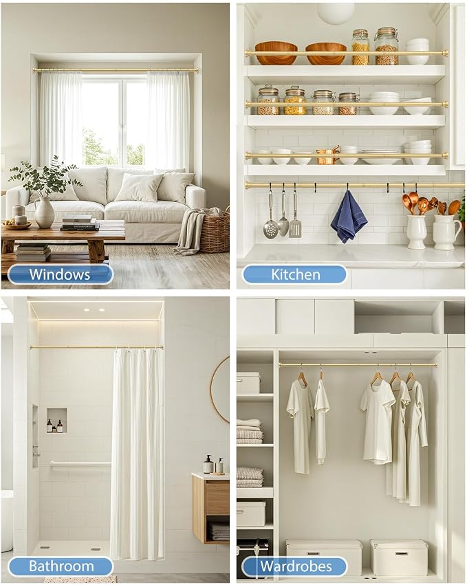 Gold Tension Curtain Rod 30-63Inch, Spring Curtain Rod No Drilling Adjustable Curtain Rod for Windows 7/8" Expandable Curtains Rods Tension Rods for Bathroom,Closets,Doorway,kitchen
