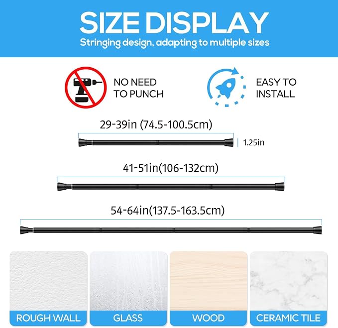 2 Pack Spring Tension Rods 30-64 Inches, 7/8 Inch Diameter Black No Drill Spring Loaded Adjustable Extendable, Small Short Tension Curtain Rod for Windows Kitchen Doorway Closet Cupboard