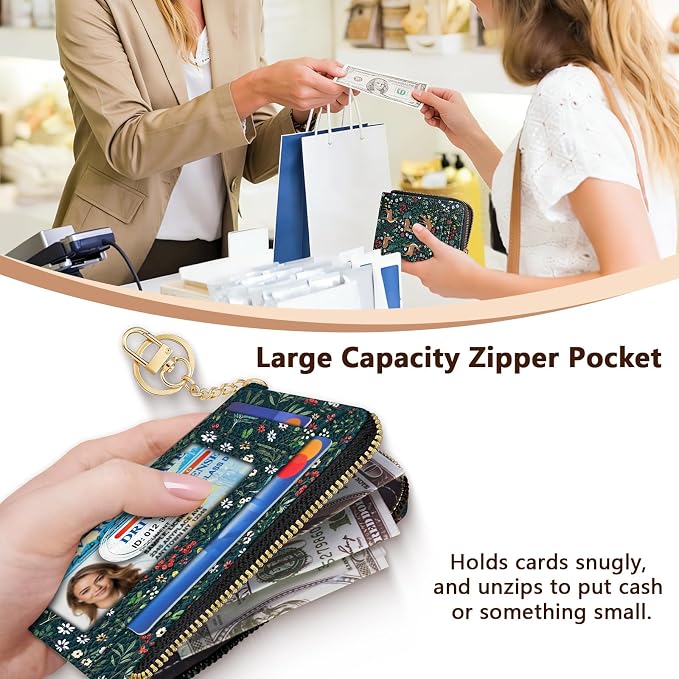 GIANCOMICS Slim Wallet Credit Card Holder Women, Cute Deer Rfid Blocking Small Card Case, Keychain Thin Pocket Curved Zipper Wallet, Travel Card Holder PU Leather ID Window, Ladies Female Gifts