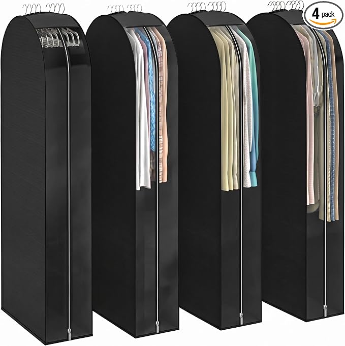 Black Garment Bags for Hanging Clothes 4 Packs, 10“ Gusseted and 50" Clothes Protectors for Hanging Clothes for Closet, Shirts, Coats, Dresses