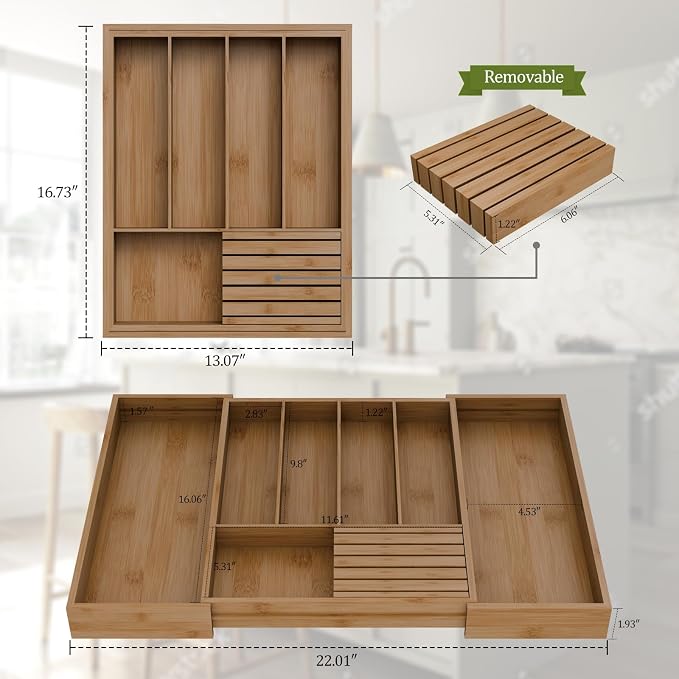 Bamboo Kitchen Silverware Drawer Organizer - Expandable Wood Utensil Holder with Dividers, Luxury Cutlery Storage Tray for Kitchen Utensil and Flatware (5-7 Slots with Removable Knife Block, Walnut)
