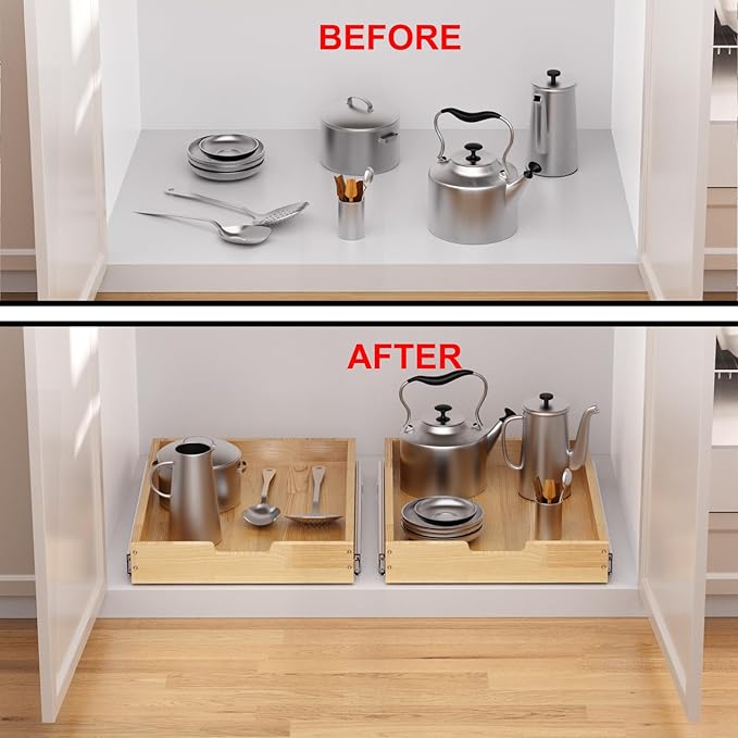 Sikarou Wood Pull Out Cabinet Organizer 17" W x 21" D, Heavy-Duty Sliding Drawers for Inside Cabinets Storage and Organization for Kitchen, Pantry, Bathroom