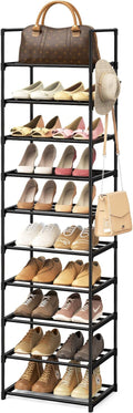 Narrow Shoe Rack 10 Tiers Tall Shoe Rack for Entryway Closet 20 24 Pairs Shoe & Boots Organizer Storage Shelf Durable Black Metal Stackable Shoe Cabinet with Hooks, 17.1D x 11.8W x 78.7H in