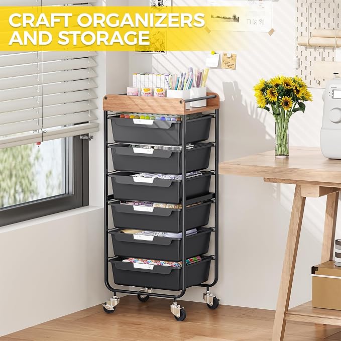SYKIARIOL Utility Cart with 6 Labeling Drawers and Wooden Tabletop – Rolling Storage Cart for Crafters, Artists, Kids, Teachers, and Students – Organize Arts, Crafts, Sewing & Study Supplies