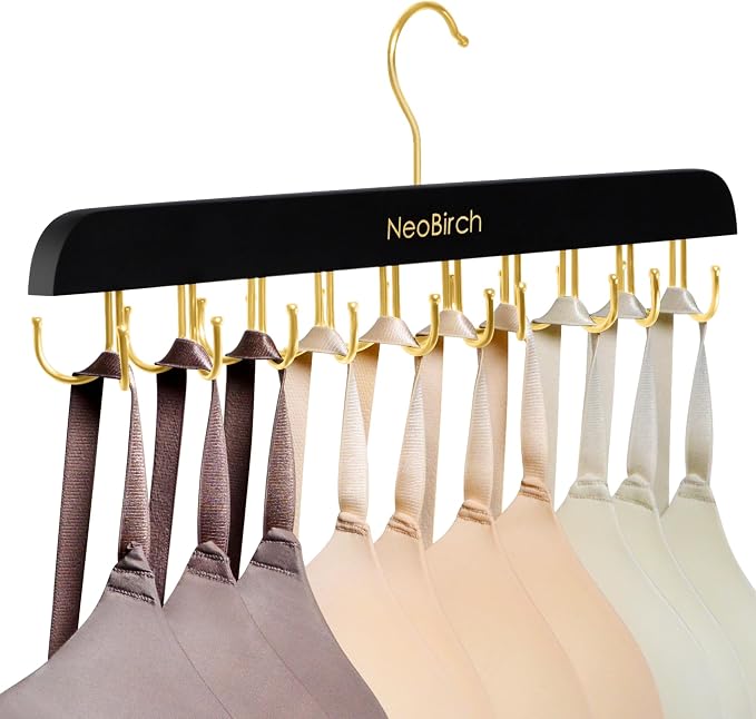 Bra Hanger for Closet Organizers and Storage | Space Saving Wooden Hanger | 20 Steel Hooks for Tank Tops, Camis, Hats, Lingeries, Belts, Ties, Scarfs Holder| 360° Rotating Non-Slip (1, Black)